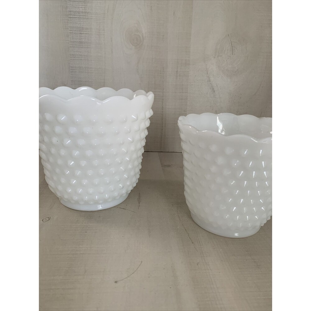 Vintage 2 Fire King Oven Ware White Milk Glass Hobnail Scallop Edge Bowl Vases - Picture 4 of 10